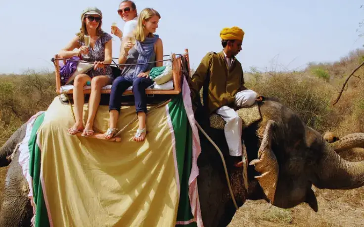 Golden Triangle Tour with Rajasthan – Foreigner girls enjoying elephant ride in Jaipur