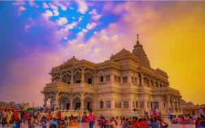 Prem Mandir illuminated in the evening, visited on the One Day Mathura Vrindavan Tour by Namaste Yatra Tours