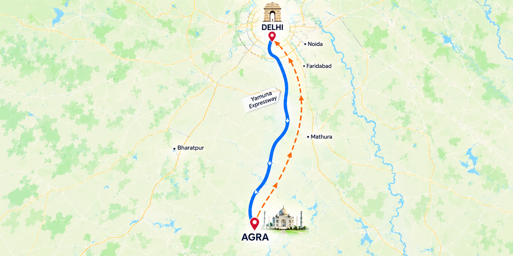 Delhi to Agra to Delhi route map - Namaste Yatra Tours