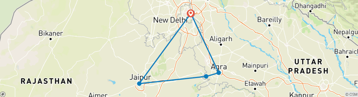 Golden Triangle Tour route map covering Delhi Agra and Jaipur by Namaste Yatra Tours